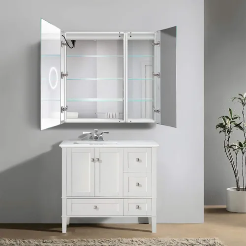 Miniatura 4 de Krugg Botiquín LED de 36 x 36 pulgadas Armario de espejo empotrado o de montaje en superficie con atenuador y desempañador + 3 espejos