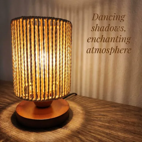 Miniatura 2 de Lámpara de mesa pequeña de ratán para dormitorio, lámpara de noche bohemia con bombilla LED cálida, lámpara de mesita de noche de mimbre tejida a