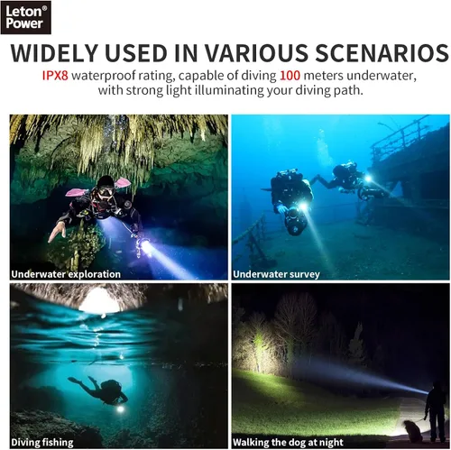 Miniatura 7 de Linterna submarina 14S de 2000 lúmenes con correas de gancho y bucle, 6 modos de linterna de buceo súper brillante, USB-C recargable, IP68 328 pies