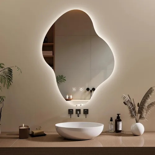 Espejo de pared de baño irregular, espejo de baño LED asimétrico con luces, espejo retroiluminado antivaho con iluminación regulable de 3 colores,