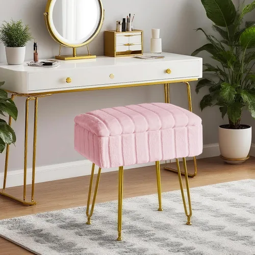 Miniatura 2 de FUXA Taburete de tocador con almacenamiento, silla de maquillaje de piel sintética con 4 patas de metal y pies antideslizantes, asiento acolchado