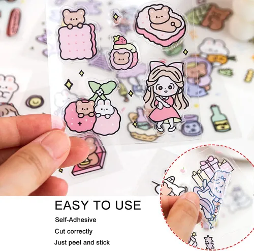 Miniatura 3 de Juego de calcomanías kawaii (100 hojas) - Lindas calcomanías transparentes de animales de dibujos animados y flores para álbum de recortes, Doudou