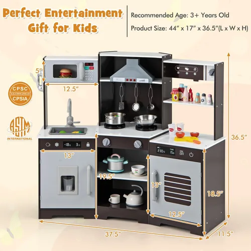 Miniatura 8 de HONEY JOY Juego de cocina esquinera para niños, juego de cocina de juguete de madera con luces y sonidos, campana extractora, máquina de hielo