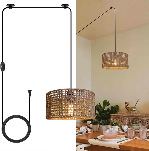 Miniatura 13 de HuisMier Lámpara Colgante de Ratán con Enchufe, Luz Colgante de 15 Pies con Pantalla de Cesta Tejida de Mimbre, Lámpara Colgante Bohemia Regulable