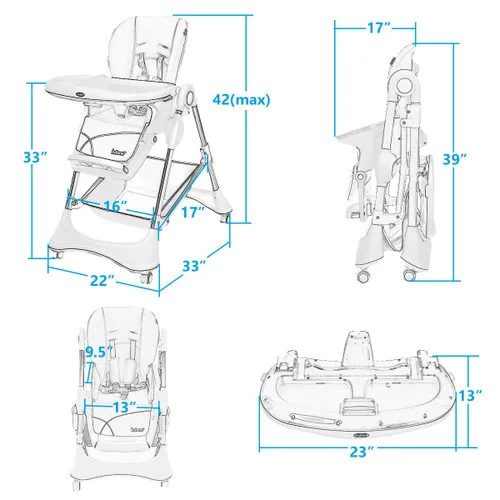 Miniatura 6 de INFANS Silla alta con bandeja extraíble con una sola mano, 4 ruedas bloqueables y cesta de almacenamiento grande, altura multiajustable, reclinable