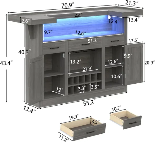 Miniatura 2 de Loomie Armario de mesa de bar con LED y 3 cajones, barra de licor con estantes de almacenamiento ajustables y soportes para copas, mostrador