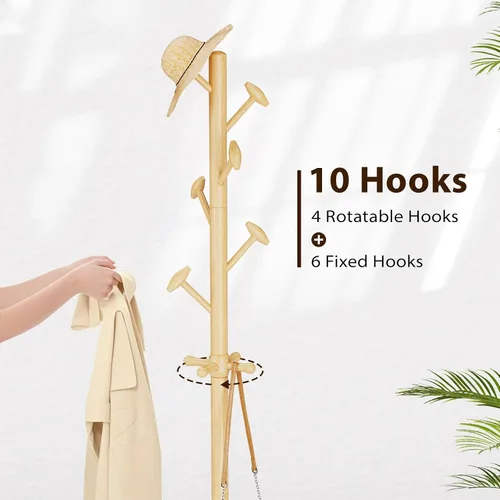 Miniatura 6 de Taitiy Perchero de madera maciza independiente con 10 ganchos para dormitorio, sala de estar, entrada, soporte resistente para colgar sombreros