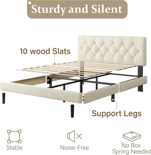 Miniatura 4 de CXVX Marco de cama de tamaño matrimonial con estructura de plataforma y cabecera tapizada, diseño con botones, listones de madera resistentes,