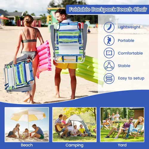 Miniatura 7 de Tangkula Juego de 2 Sillas de Playa con Mochila, Sillas de Playa Reclinables de 5 Posiciones que se Recuestan Completamente con Bolsa Refrigeradora
