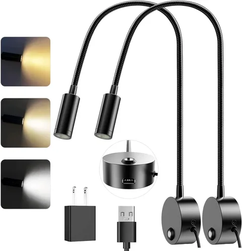 Luz de lectura LED montada en la pared con cuello de cisne flexible de 15 pulgadas, luz de libro regulable para leer en la cama con puerto de carga