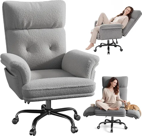 Miniatura 10 de DurayLoly Silla cruzada con ruedas y brazos, silla de tocador de felpa con bolsillos laterales, sillas de escritorio ajustables para oficina en Negro