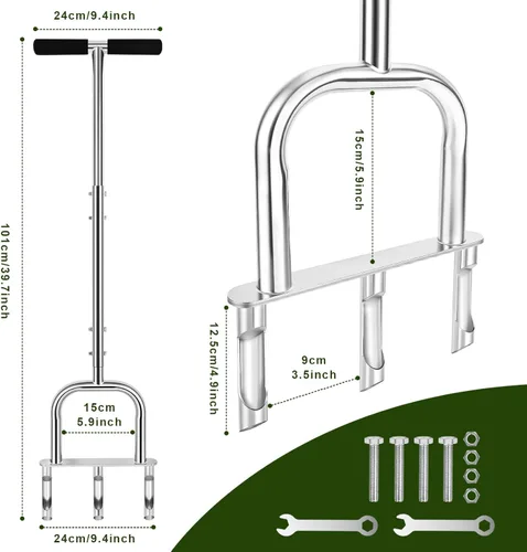 Miniatura 3 de Aireador manual de césped, aireador de metal con 3 dientes huecos reemplazables, herramienta de aireación de patio semiensamblada para cuidado
