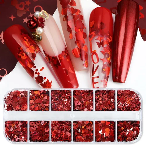 12 rejillas de San Valentín 3D corazón purpurina uñas lentejuelas corazón rojo purpurina copos corazones arte de uñas con purpurina brillantes