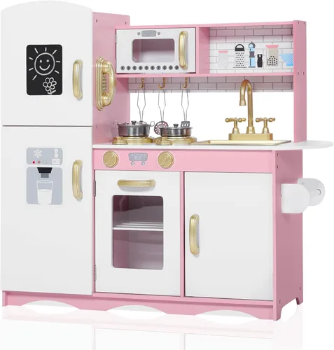 TODEFULL Juego de cocina de madera para niños, modernos juegos de cocina de madera con estufa de cocina, horno, microondas y máquina de hielo,
