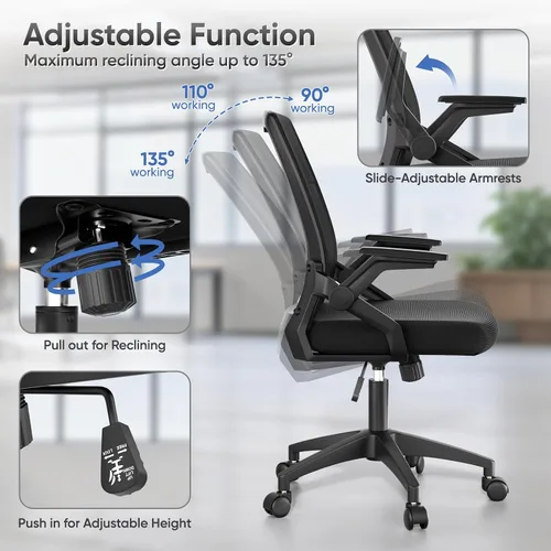 Miniatura 6 de Ergonomic Office Chair, Home Desk Chair with Flip-Up & Adjustable Armrest, 135° Reclining Tilt Lock, Thickness Cushion Mesh Back Office Chairs for