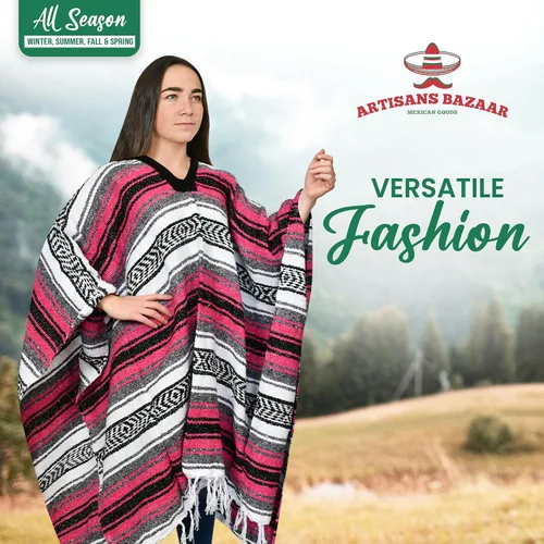 Miniatura 70 de Artisans Bazaar Poncho tradicional mexicano de Baja para hombres y mujeres, auténtico sarape de Gaban, manta de vaquero Pancho Jorongo