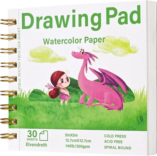 Elvendreth Cuaderno de papel para acuarela 5x5 pulgadas, 30 hojas de papel prensado en frío (140 lb/300 g/m²), encuadernado en espiral/línea de
