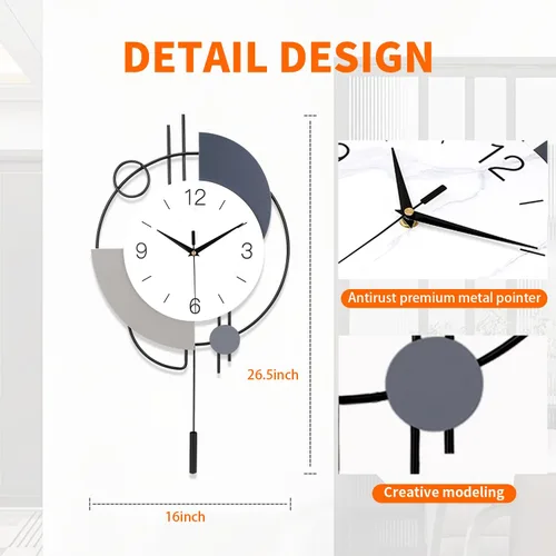 Miniatura 2 de Dankeit Relojes de pared decorativos con péndulo, cuarzo de calidad silenciosa, funciona con pilas, reloj de pared grande para sala de estar, Negro