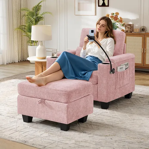 Miniatura 11 de Chaise Lounge Chair para interiores con puerto USB y soporte para teléfono, sillón reclinable pequeño de felpilla con otomana de almacenamiento
