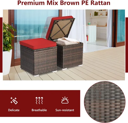 Miniatura 7 de Tangkula - 2 asientos otomanos de patio, mesa lateral de ratán PE tejido a mano de Patiojoy con cojín extraíble y espacio de almacenamiento oculto