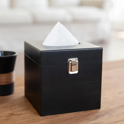 Miniatura 9 de Funda rectangular negra para caja de pañuelos con interruptor de metal, soporte rectangular para caja de pañuelos con tapa, accesorios de baño