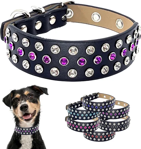 Miniatura 9 de Collar de perro con diamantes de imitación con brillantes piedras aguamarina tachonadas en cuero ancho de microfibra negra, detalles de diseñador