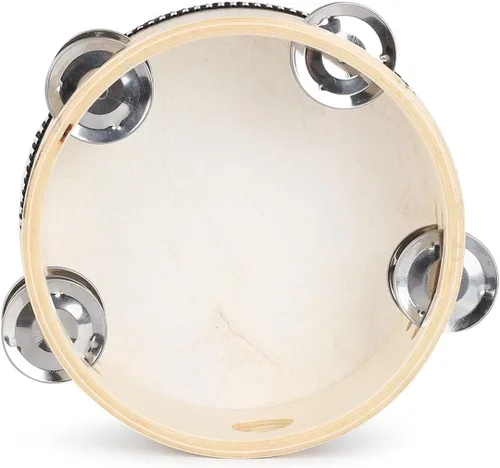 Miniatura 4 de LIEKE Pandereta de 6 pulgadas de piel de cabra tambor de mano con 4 pares de jingles de metal de doble fila para iglesia, música, aula, baile