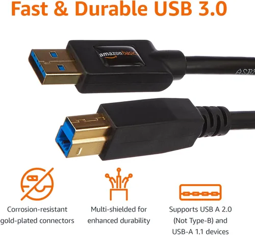 Miniatura 5 de Amazon Basics Cable USB-A a USB-B 3.0, 4.8Gbps de alta velocidad con enchufes chapados en oro, 6 pies, negro
