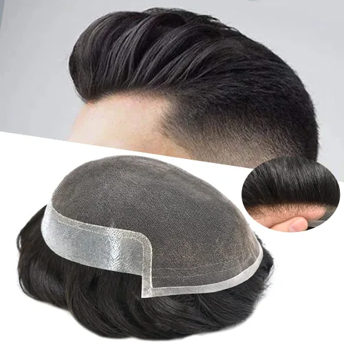 Miniatura 69 de Sistema de cabello para hombres, pieza de cabello humano real, tupé para hombres, encaje suizo para hombre, nudo blanqueado para hombre, tupé
