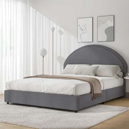 REVOMINCA Base de cama de tamaño matrimonial, marco de cama tapizado Boucle con cabecero, estilo moderno, cama de plataforma suave con cabecera Gris