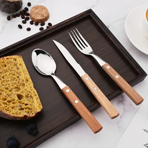 Miniatura 8 de Juego de cubiertos de madera de acero inoxidable 304 con mango ancho, juego de cubiertos de madera duradera, utensilios reutilizables, espejo