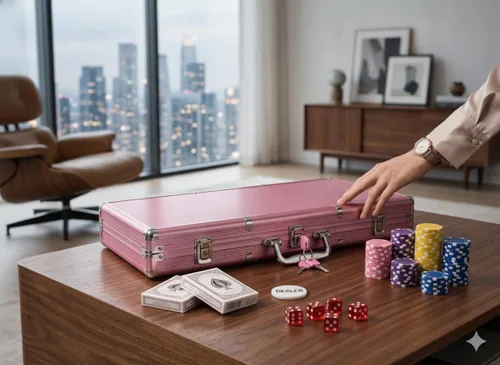 Miniatura 4 de Juego de fichas de póquer de 500 piezas con funda de transporte de aluminio rosa, fichas de dados estilo casino de 0.43 oz para Texas Hold'em