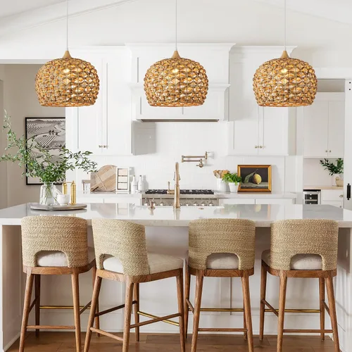 Miniatura 5 de Luces Colgantes Bohemias, Candelabro de Ratán de 1 Luz de 15.7", Luz Colgante de Mimbre Tejida a Mano con Pantalla de Jacinto de Agua, Luz Colgante
