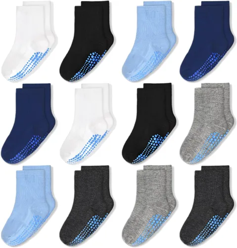 SkiBeaut Calcetines antideslizantes para niños pequeños con agarre, 12 pares de calcetines para niños y niñas de 6 a 12 meses, 1 a 7 años