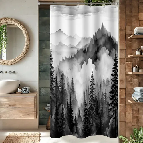 Miniatura 2 de Cortina de ducha pequeña de 36 x 72 pulgadas, cortina de medio tamaño de bosque brumoso, cortina de ducha estrecha mitad negra y blanca de montaña