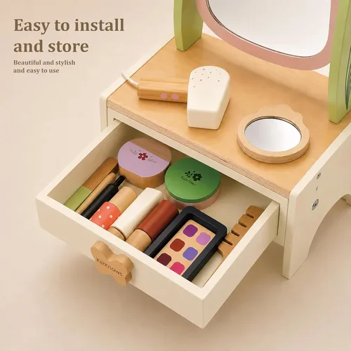 Miniatura 4 de Juego de maquillaje de madera para niños, juego de salón de belleza con espejo giratorio y espejo pequeño desmontable, juguetes de mesa de tocador