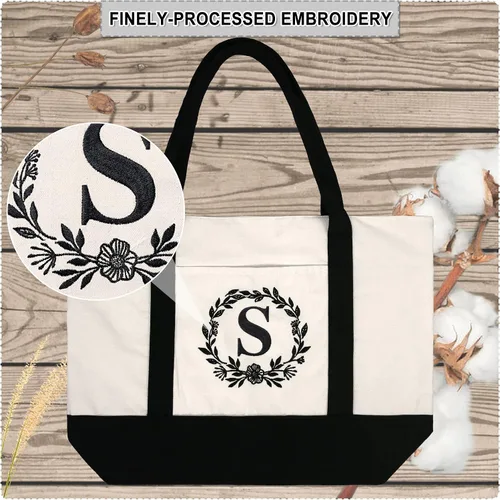 Miniatura 5 de BeeGreen Bolsa de mano con inicial para mujeres madres profesores bolsas de mano personalizadas para boda playa lona de 12 onzas gran bordado