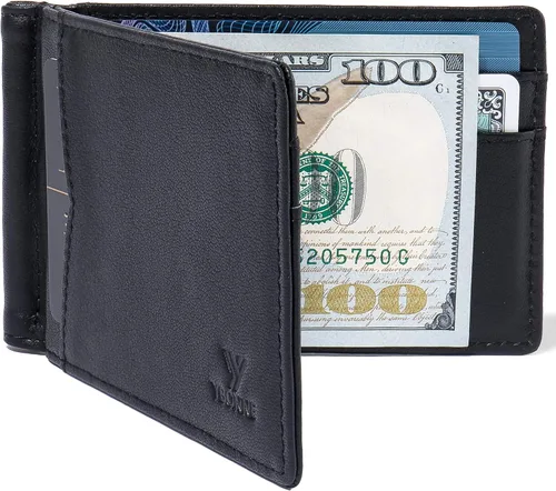 YBONNE - Cartera fina con clip para dinero, de cuero auténtico, bloqueo RFID, minimalista
