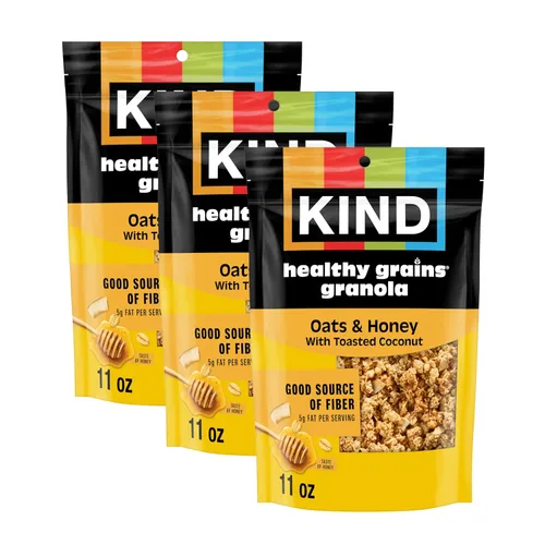 Kind Granos saludables de granola, avena y miel con coco tostado, sin gluten, mezcla de aperitivos saludables, 0.18 onzas de proteína, 11 onzas, 3