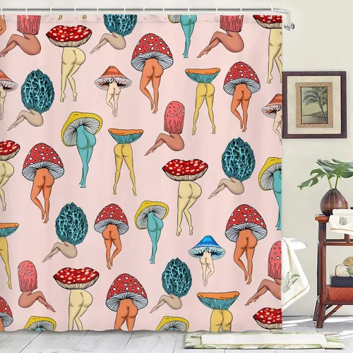 Miniatura 3 de Divertida cortina de ducha con trasero de hongo, linda y sexy de los años 70 y 80, cortinas de ducha de tela para baño, hippie, psicodélica, Rosa-2