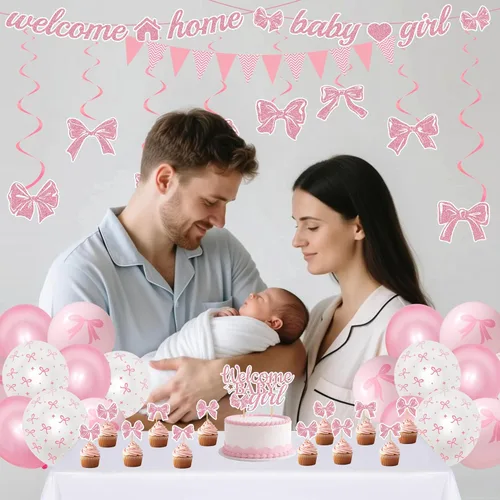 Miniatura 4 de Decoraciones de bienvenida a casa para bebé, 42 unidades, lazo rosa, decoración de baby shower, remolinos colgantes, decoración de tartas grandes