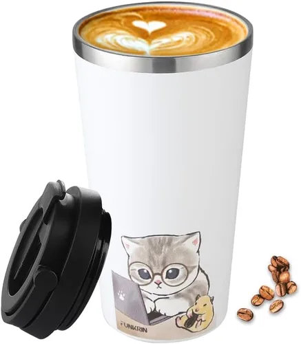 Miniatura 17 de Funkrin Taza de café aislada con revestimiento de cerámica, taza de café helado de 16 onzas con tapa abatible y asa, taza de viaje a prueba de fugas