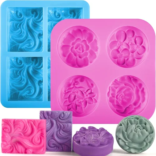Sakolla Paquete de 2 Moldes de Silicona para Jabón, 4 Cavidades Rectangulares de Onda y Moldes de Silicona de Flores Redondas para Jabón Hecho a