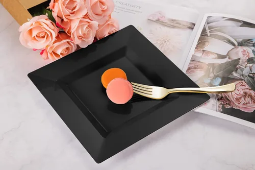 Miniatura 7 de BloominGoods Platos cuadrados desechables de plástico para postre Paquete de 50 platos cuadrados negros de 6.5 pulgadas para aperitivo/ensalada