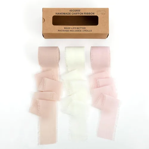 Miniatura 25 de KEOSREE - Cinta de gasa de chifón hecha a mano en rosa pastel y rosa brillante, de 1.5 pulgadas x 21 yardas, con bordes deshilachados de seda