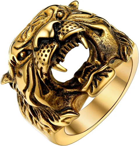 U7 - Anillo para hombre, estilo vintage, de acero inoxidable, color plateado y negro, cabeza de tigrecalaveraojo del mallobo, tamaño 7 a 14