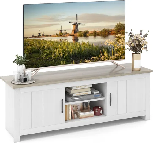 Miniatura 10 de Tangkula Soporte de TV de 2 puertas para televisores de hasta 65 pulgadas, mesa consola de TV de 57 pulgadas con 2 gabinetes y estantes abiertos