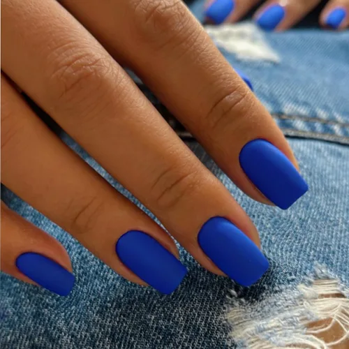 Miniatura 18 de KQueenest Uñas Postizas de Presión Azul Real Cortas Medianas Cuadradas con Pegamento, Juego de Uñas Falsas Sólidas Oscuras Cortas Ataúd Acrílicas