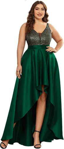 Ever-Pretty Vestido de mujer sin mangas con cuello en V de lentejuelas alto-bajo de satén de una línea de verano de talla grande vestido de invitada