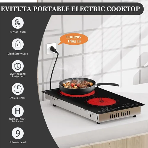 Miniatura 2 de Estufa eléctrica, estufa eléctrica de 2 quemadores con pantalla táctil LED, 9 niveles de calefacción, temporizador, bloqueo para niños, aislamiento